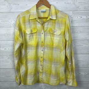 Columbia Women's XL Plaid Long Sleeve Button Front Shirt 100% Cotton Yellow